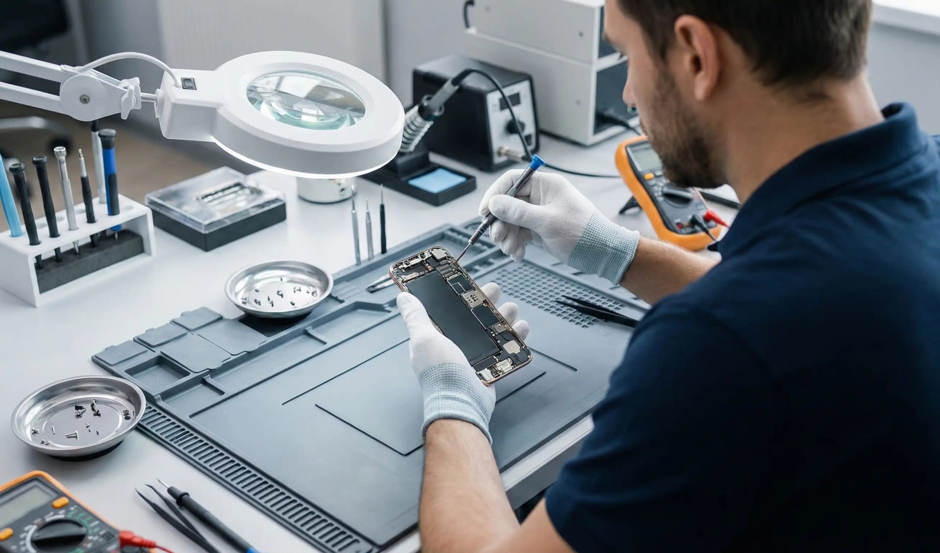 Expert technician performing micro-soldering repair